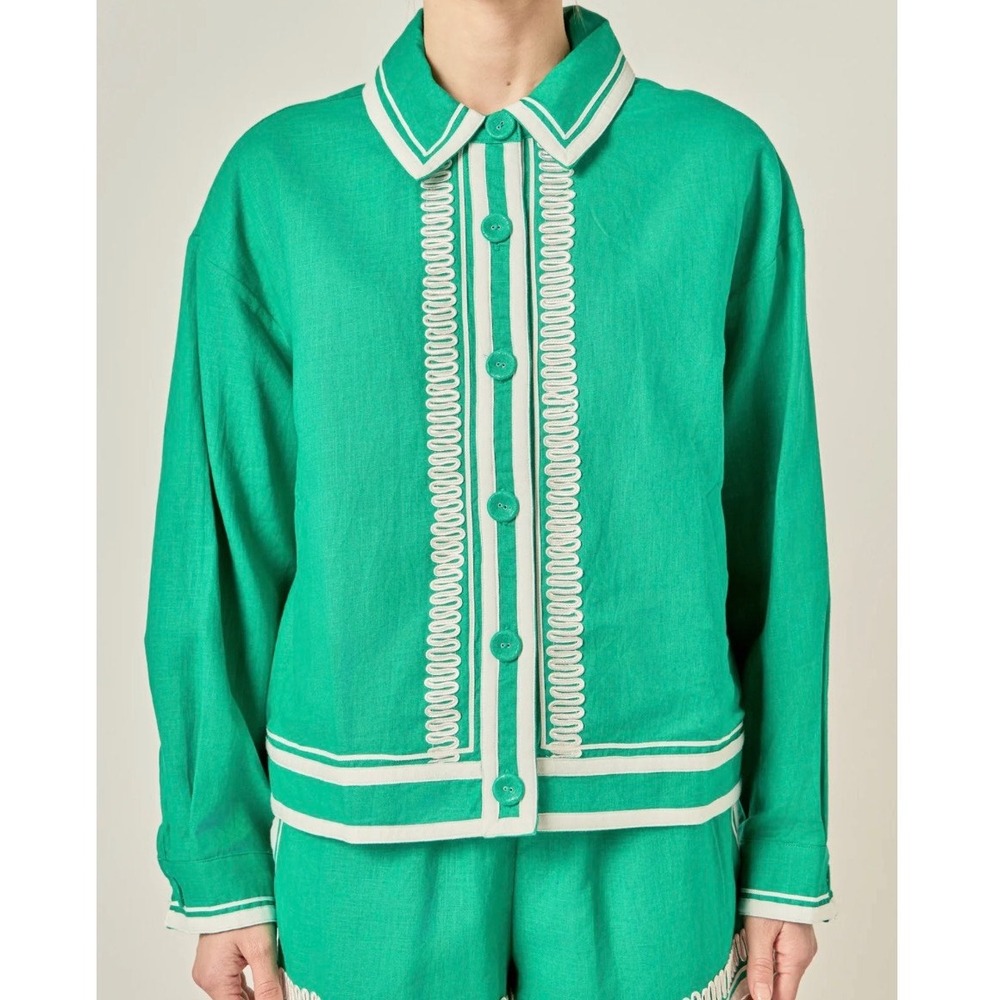 English Factory‎ The Giselle Embroidered Jacket Women Green Large Linen Blend